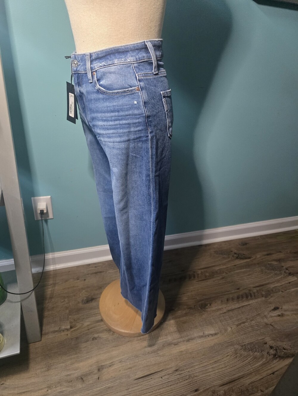 PAIGE Two-Tone Wide-Leg Blue Denim Jeans - Picture 2 of 9